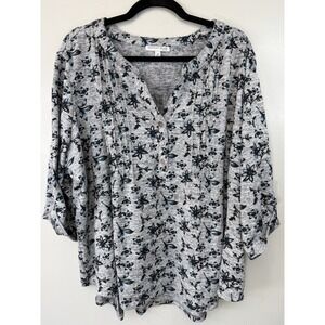Notations Plus Size Grey Floral Henley W Ruched Bodice Size 3X